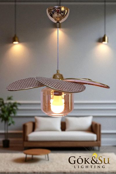 Göksu Lighting Rattan Propeller Model Pendant Lamp Chandelier Living Room Hall Entrance Kitchen