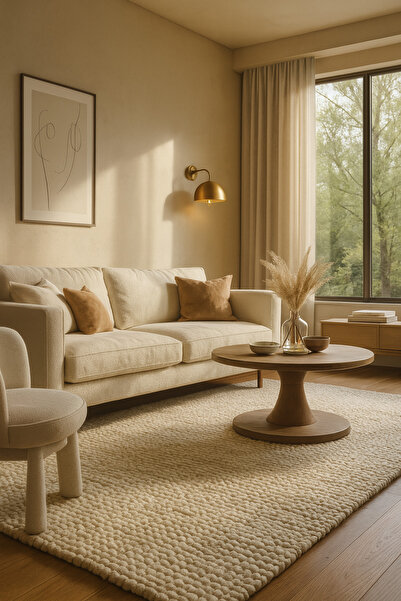 Vog Halı Saf Yün ve Viskon El Dokuma Bohem Krem Halı – Doğal Renkli, Kalın Do...