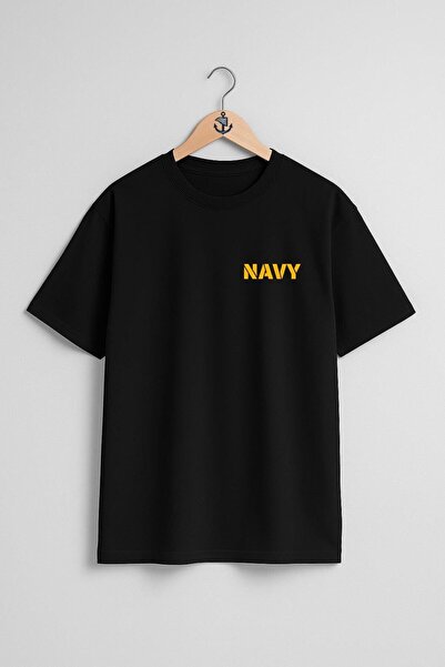 Bahriyeli Collection Oversize Navy Text Unisex T-Shirt with Pocket and Back D...