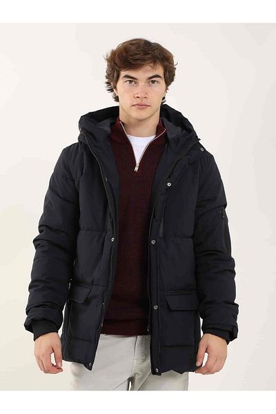 Dufy Navy Blue Men's Regular Fit Plain Hooded Coat - 96984