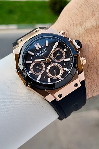 Ferrucci 41 Mm Kasası Pembe Kordonu Siyah Renk Ayarlanabilir Kordonlu Fonksiyonlu Erkek Kol Saati