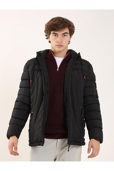 Dufy Men's Black Slim Fit Plain Hooded Coat - 94187