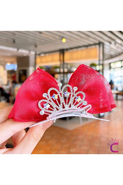 Cinderella Kırmızı Yıldızlı Zirkon Taşlı Kız Çocuk Prenses Tacı Pens Toka - K...
