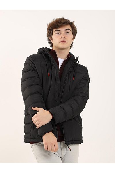 Dufy Men's Black Slim Fit Plain Hooded Coat - 94187