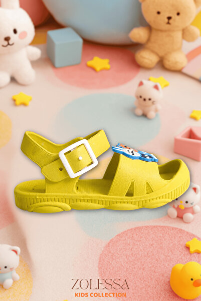 ZOLESSA Erkek Çocuk Sandalet Sarı Kaydırmaz Tabanlı Hayvan Figürlü Önü Açık Günlük Rahat Tokalı Terlik