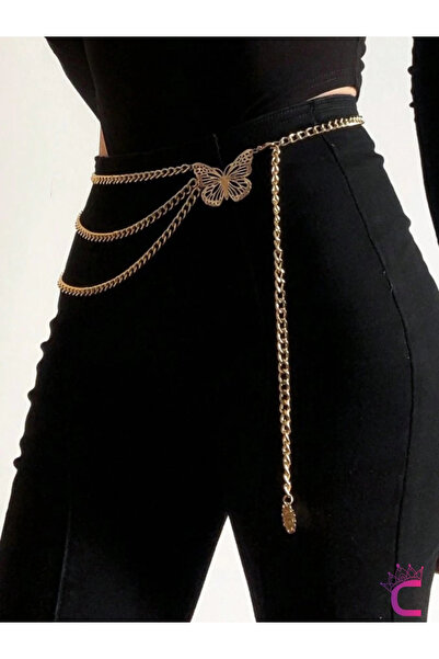 Cinderella Kelebekli Gold Bel Zinciri - Ayarlanabilir Vücut Elbise Zinciri Ke...