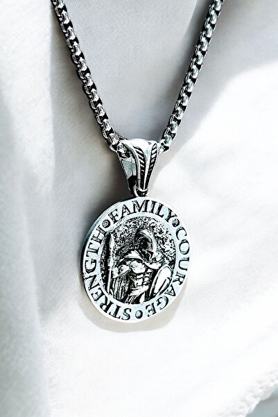 AK STORE SİLVER Gümüş Kaplama K-107 Krom-Çelik Erkek Kolye Madalyon Cesaret, Güç, Aile