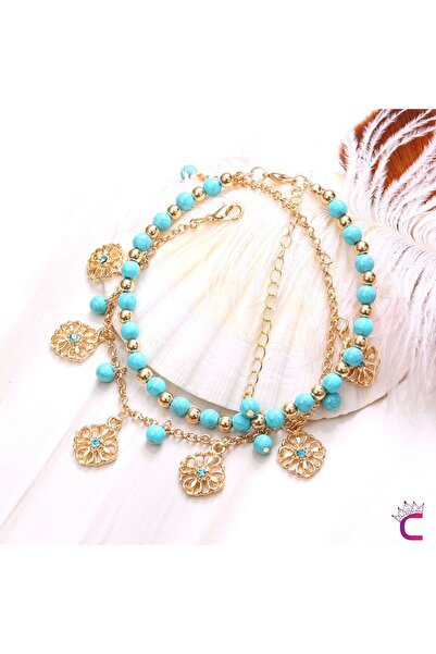 Cinderella Çiçek Tasarım Deniz Mavi Boncuklu Gold Zincirli Kadın 2'li Kombin Halhal - Zarif Ayak Zinciri Halhal