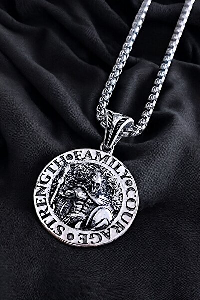 AK STORE SİLVER Gümüş Kaplama K-107 Krom-Çelik Erkek Kolye Madalyon Cesaret, Güç, Aile