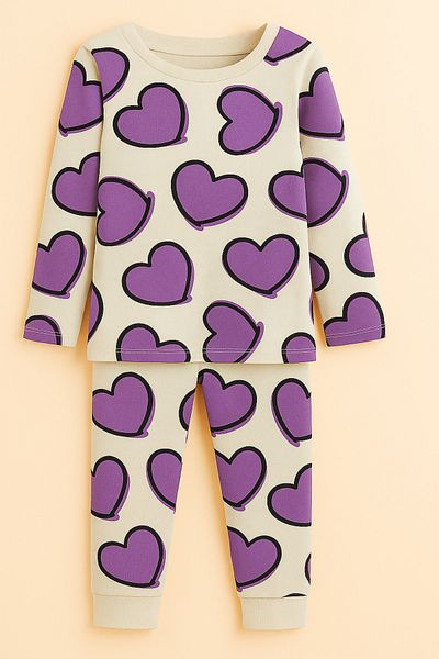 ESİLA KİDS Girls' Suit Heart Pattern Long Sleeve Cotton Girls' Pajamas Set 2-6 Years