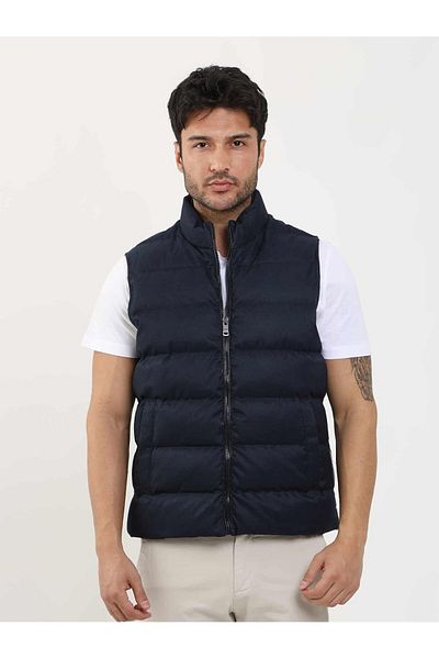 Dufy Men's Navy Blue Puffer Vest Coat - Regular Fit, Straight Zipper, Stand Collar - 96248