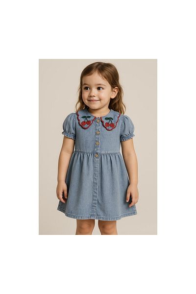 CİCHLİD Girl's Collar Cherry Detail Denim Dress