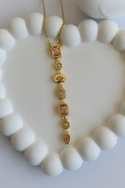 Birmem Kadın Pembe Baget Zirkon Taşlı Geometrik Tasarım Çelik Y Kolye