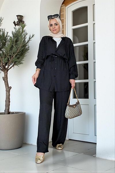 Aselim Hijap Moda Strawberry Linen Shirt Summer Suit – Comfortable Elegance with Pocket Pants (Size 36-48) Black