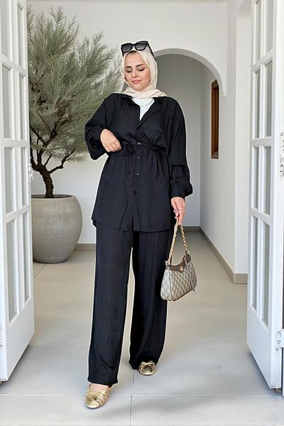 Aselim Hijap Moda Strawberry Linen Shirt Summer Suit – Comfortable Elegance with Pocket Pants (Size 36-48) Black