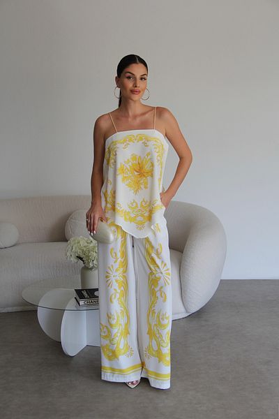 Julidress Ethnic Patterned Oversize Cut Rope Strap Crop Blouse and Pants Bottom Top Premium Satin Suit