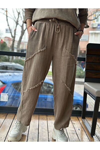 Seviliko Kadın Pantolon Keten Görünümlü Fileli Cep Dikiş Detay İtalyan Tasarım %100 Pamuk
