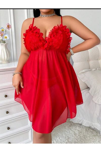 Peille Stylish Lace Detail Plus Size Nightgown with Thin Straps