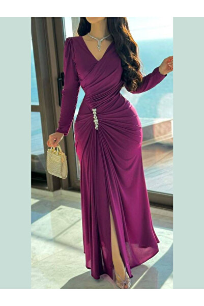 Nice Model فستان ماكسي بورجوندي ملفوف مزين بالكريستال - فستان سهرة بأكمام طويلة