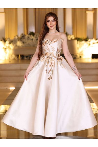 Nice Model Elegant Beige Embroidered Evening Gown Long Formal Dress Ball Gown Wedding Guest Dress
