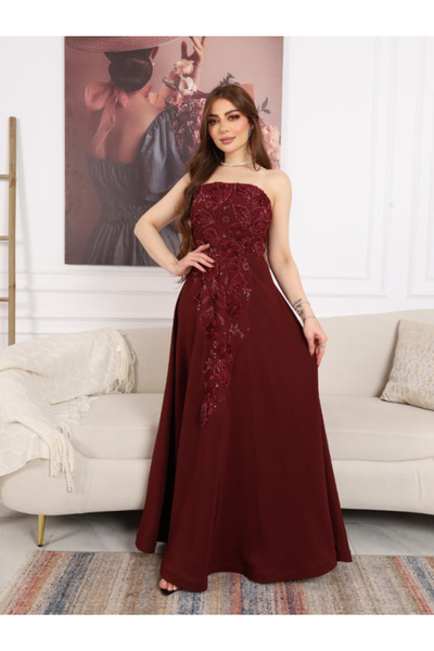 Nice Model فستان سهرة طويل رسمي بدون حمالات مزين بالترتر باللون العنابي، فستان حفلات ماكسي مزين