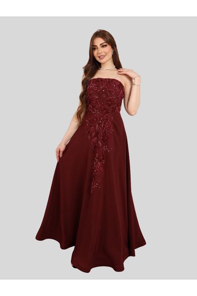 Nice Model Burgundy Sequined Strapless Evening Gown Long Formal Prom Dress Maxi Embellished Party Dress