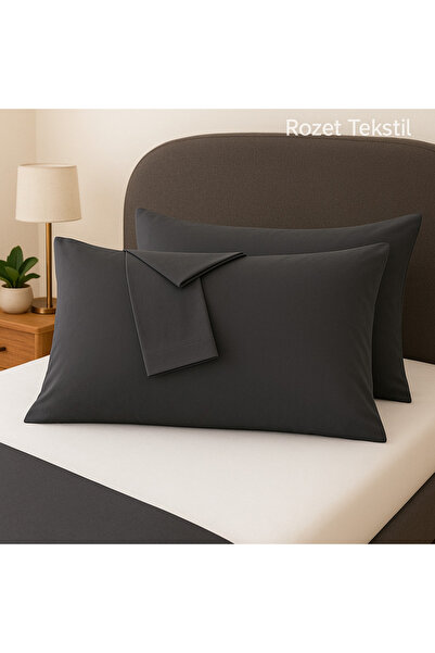 ROZET TEKSTİL Antrasit Pamuk Kumaş Kapaklı Yastık Kılıfı (2 ADET) 50 X 70 Cm