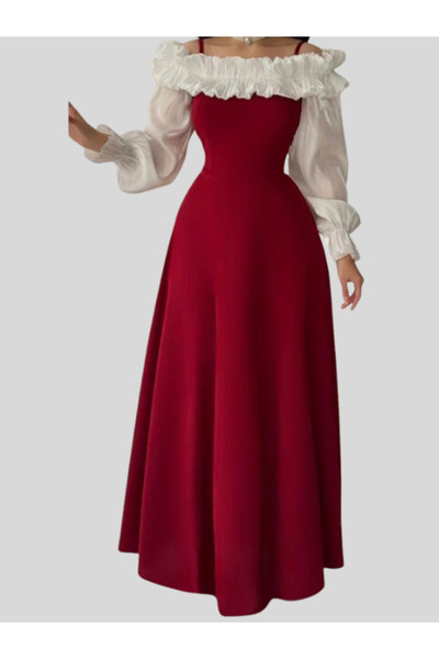 Nice Model فستان سهرة أحمر بأكمام طويلة، فستان رسمي أنيق مع كشكشة، مناسب للحف...