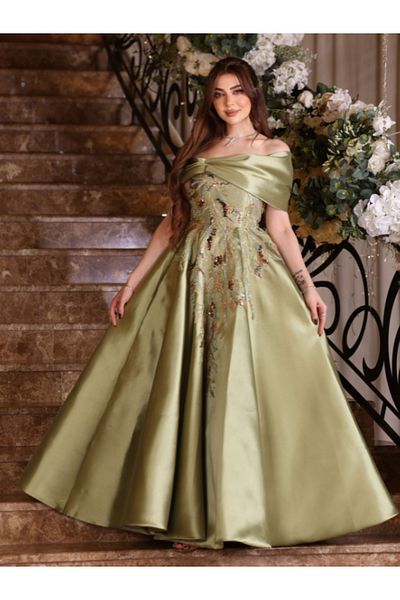 Nice Model Olive Green Off-Shoulder Mikado Evening Dress with Hand Embroidery - Formal Gown