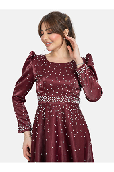 Nice Model Burgundy Pearl Embellished Long Sleeve Maxi Dress - Elegant Evening Gown with Sequin Details