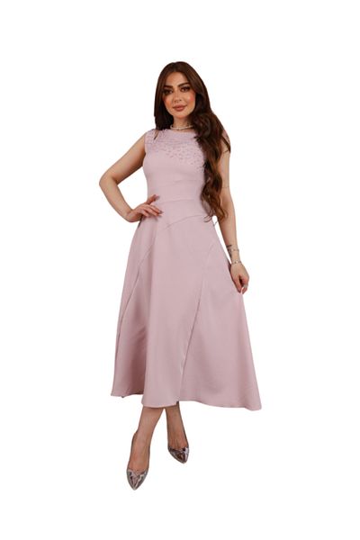 Nice Model Pink Embellished Sleeveless Midi Dress Stone Details Elegant Party Formal Evening Wrap Design