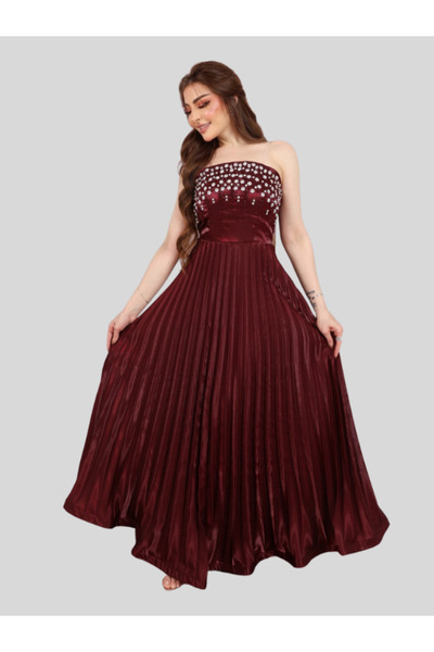 Nice Model Burgundy Stone Embellished Strapless Evening Gown Pleated Maxi Dress Formal Prom Wedding Guest