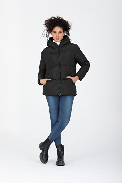 İLKCET MODA Γυναικείο κανονικό πουπουλένιο παλτό με κουκούλα