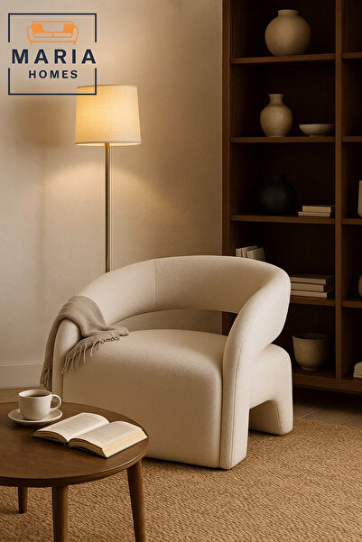 MARIA HOMES كرسي منحني مميز من قماش البوكل بلون البيج، كرسي استرخاء عصري بدون...