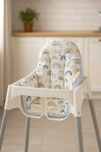 Bebek Özel Pamuklu Bebek Çocuk Mama Sandalyesi Minderi Gökkuşağı Mavili