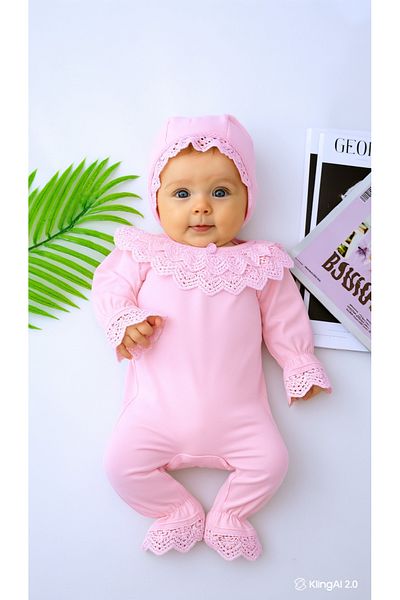 Sitilin Baby Girl Pink Lace 100% Cotton Luxury Hospital Outlet Wonderful Newborn Jumpsuit Hat Set