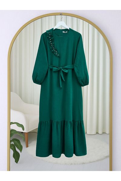 Modamorfo Ruffle Stone Detailed Piece Skirted Belted Ayrobin Dress - Emerald