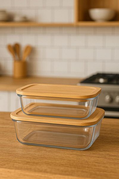 Noah Exclusive Glass Storage Container - Leak Proof Bamboo Lid - Heat Resistant - Set of 2 - (650 Cc + 1000 Cc)