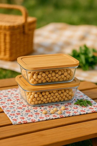 Noah Exclusive Glass Storage Container - Leak Proof Bamboo Lid - Heat Resistant - Set of 2 - (650 Cc + 1000 Cc)