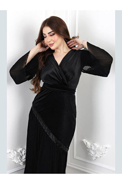 Nice Model Black Velvet Chiffon Evening Dress with Pleated Asymmetrical Skirt - Long Sleeve Wrap Style