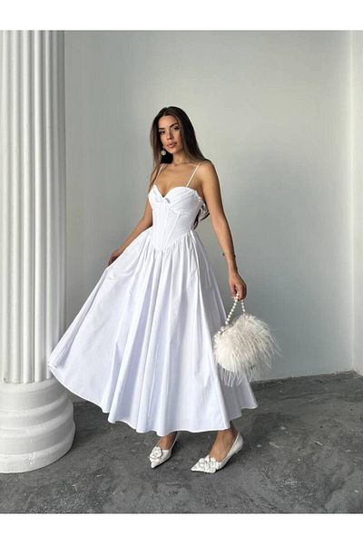 MAXMOOR Rosesa Corsaj Detail Midi Poplin White Dress