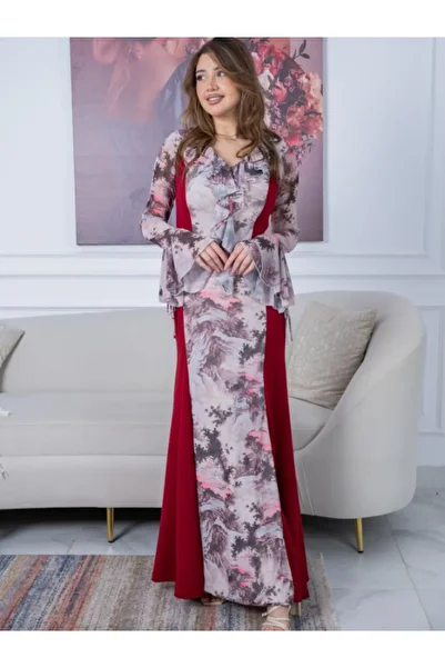 Nice Model Elegant Pink Sunset Crepe Dress Long Ruffle Collar Evening Occasion Women's Burgundy Patterned