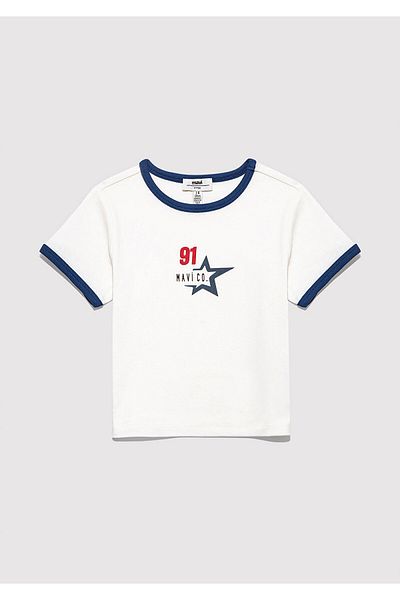 Mavi Printed White T-Shirt Fitted / Body Fitting Cut 7610345-70057