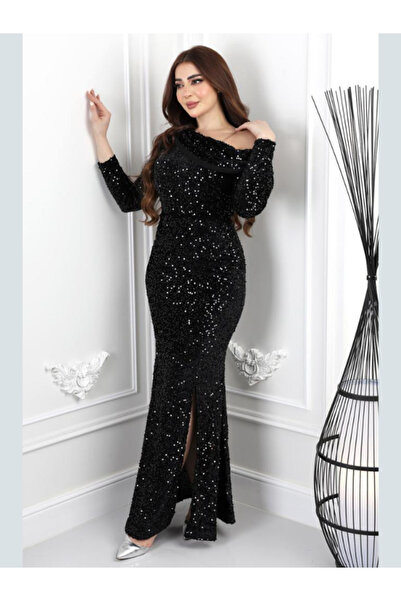 Nice Model فستان سهرة رسمي أنيق طويل أسود مطرز بالخرز بدون أكمام من الكريب والساتان للنساء بمقاسات كبيرة