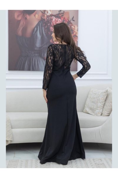 ILAN Elegant long crepe dress with a lace overlay and sheer sleeves - formal evening gown