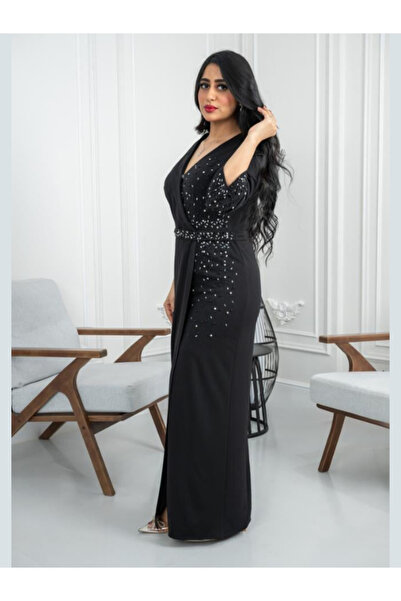 Nice Model فستان كريب طويل فاخر مع حزام من الترتر وأكمام مشققة، فستان سهرة أن...