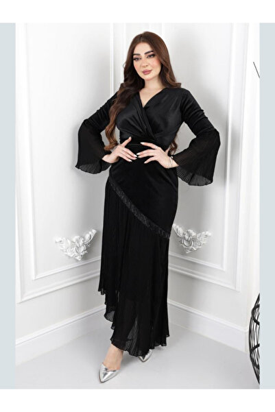 Nice Model Black Velvet Chiffon Evening Dress with Pleated Asymmetrical Skirt - Long Sleeve Wrap Style