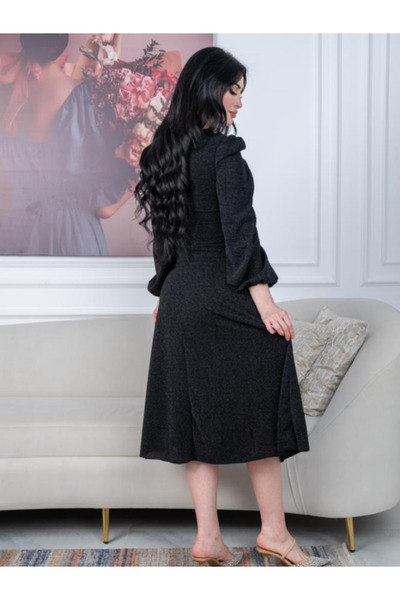 Nice Model Black Shiny Feather Evening Dress - Wrap Bodice Formal Gown with Slit & Diagonal Accessory Detail