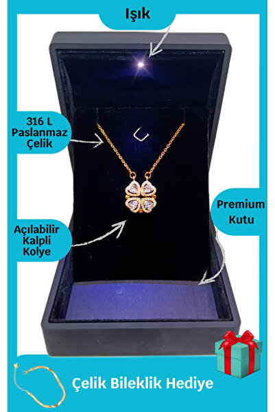 ganispe Anneler Günü Hediyesi Işıklı Premium Kutuda | 4 Kalpli Yonca Kolye Mı...