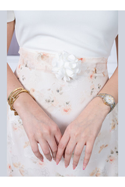 Nice Model White Off Shoulder Midi Dress with Floral Sheer Skirt Rose Detail Elegant Wedding Guest Outfit